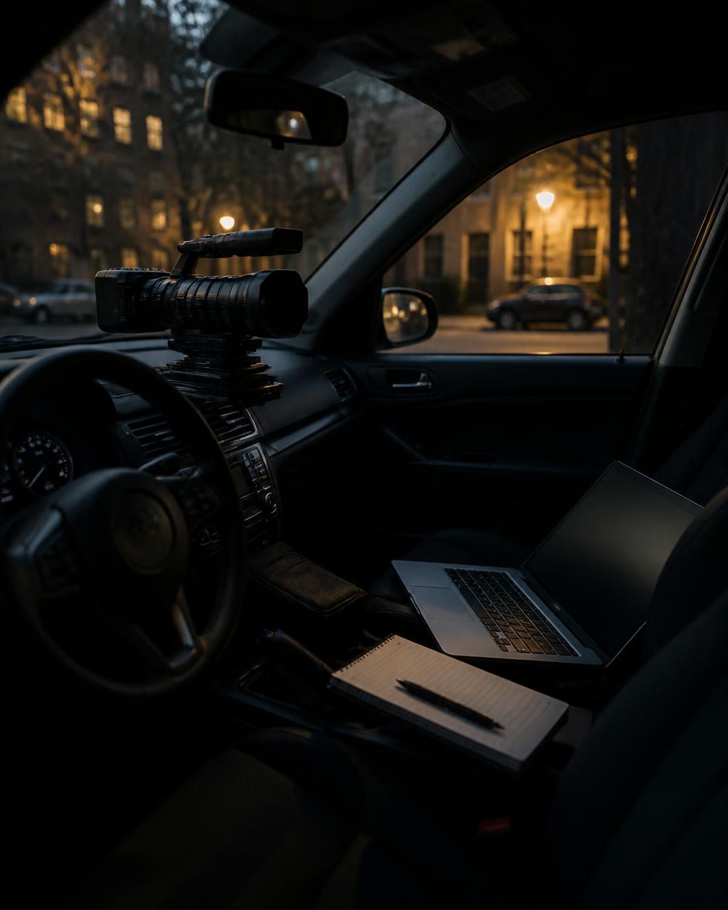 Surveillance stakeout setup inside a parked vehicle with camcorder, notepad and laptop